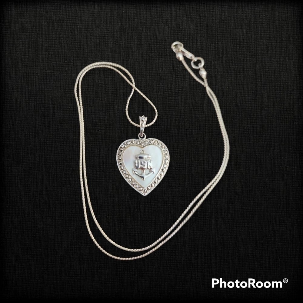Vtg THEDA 1950s Sterling Silver MOP Marcasite US Navy Heart Pendant Necklace
